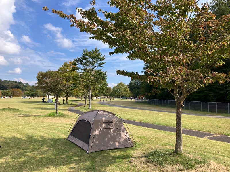 公園の木陰に設営したコールマン スクリーンシェード